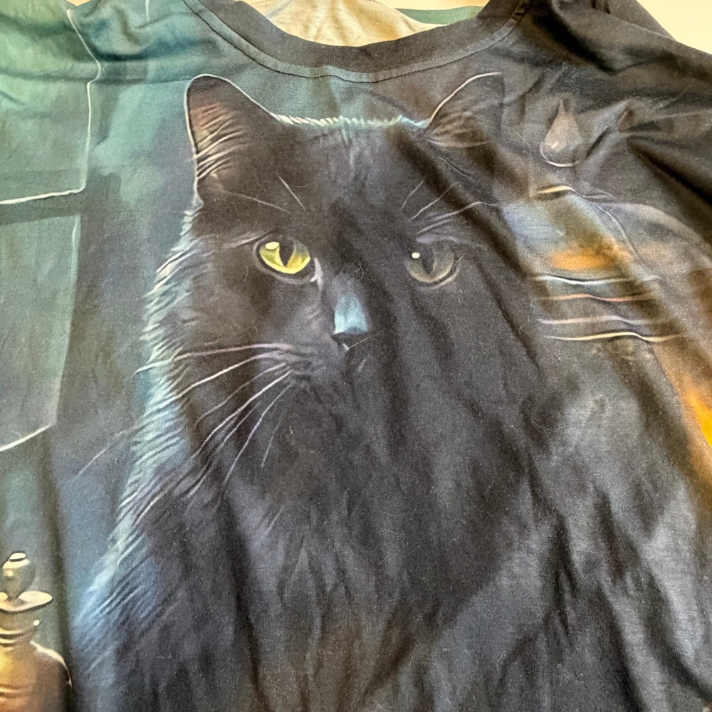 Black Cat Mystic Library Graphic T-Shirt All Over Print 4XL Gothic Fantasy Tee